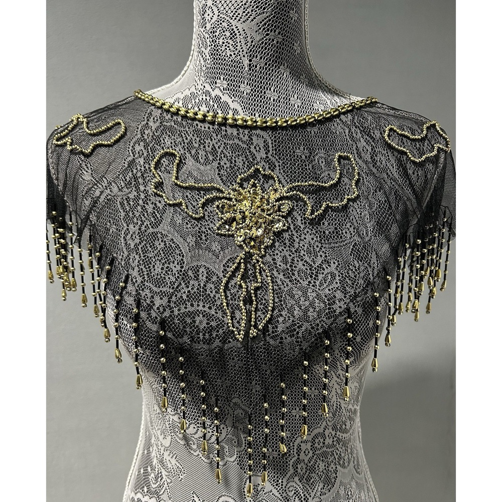 Black Gold Beaded Lace Collar Capelet Statement Necklace Cape Fringe Edgy Goth